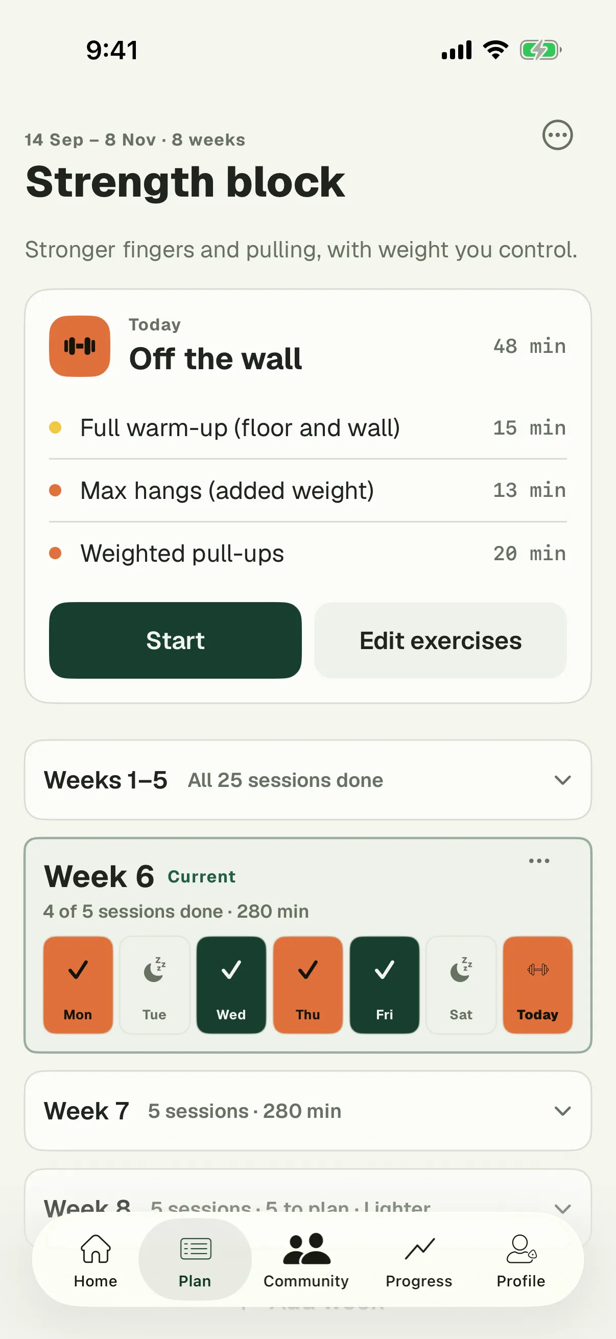 The Plan tab: an eight-week strength block with today’s session, Start and Edit exercises, and the weeks below.