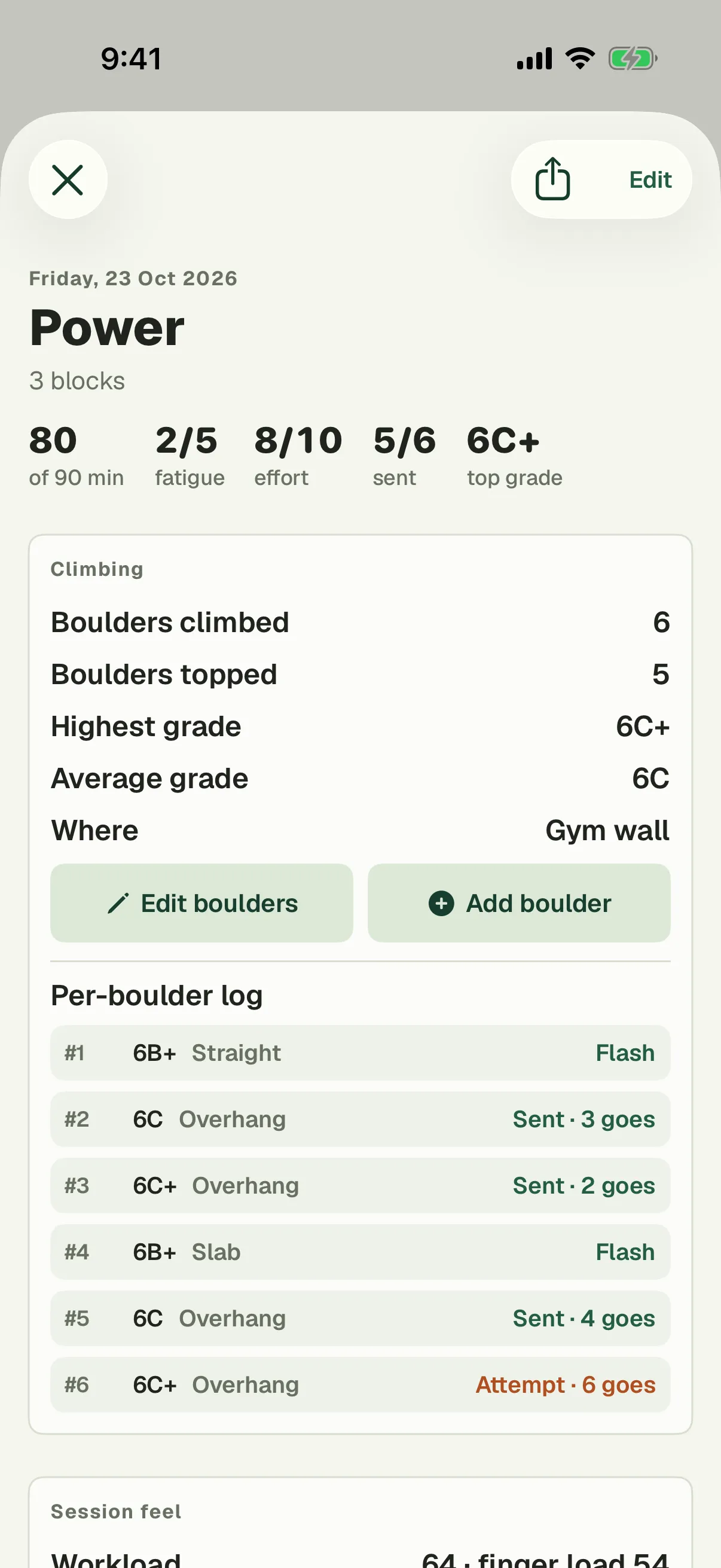 A past session: boulders climbed and topped, the hardest grade and every boulder with its result.