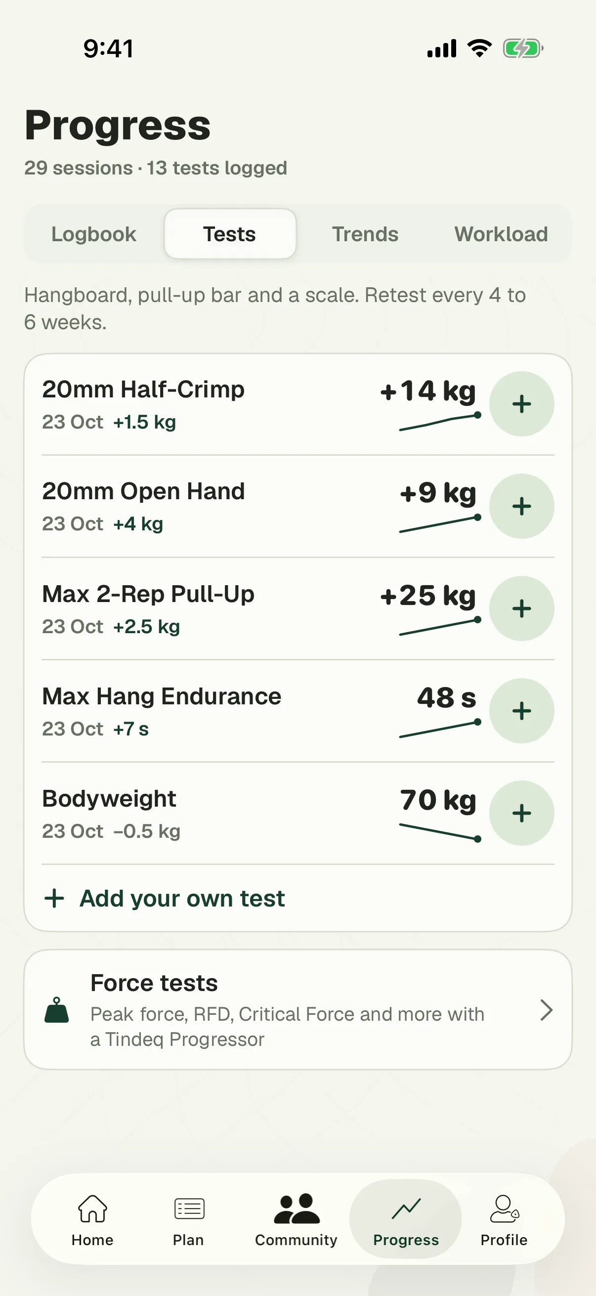 Tests: half-crimp, open hand, max pull-up, max hang endurance and bodyweight, each with its change.