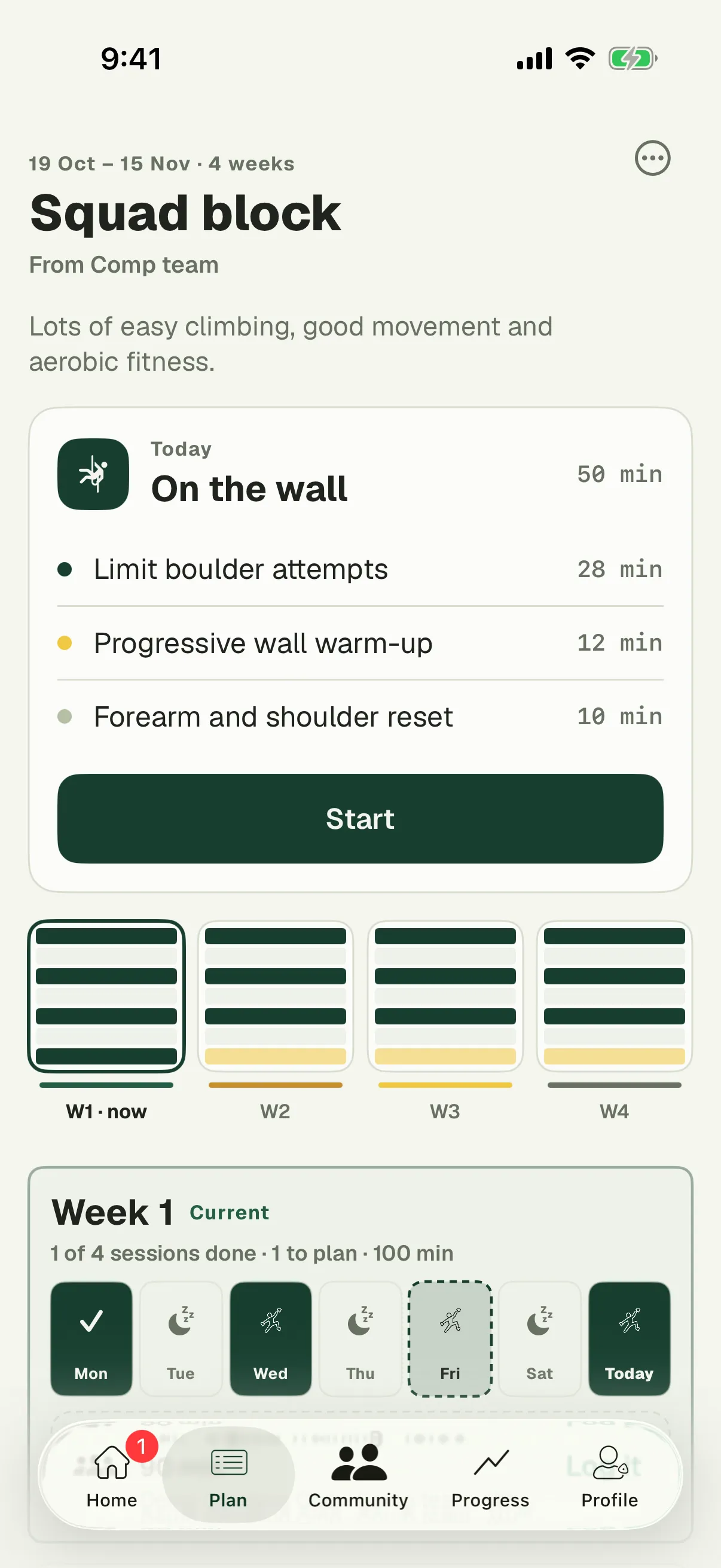 The plan from the coach in a climber’s app.