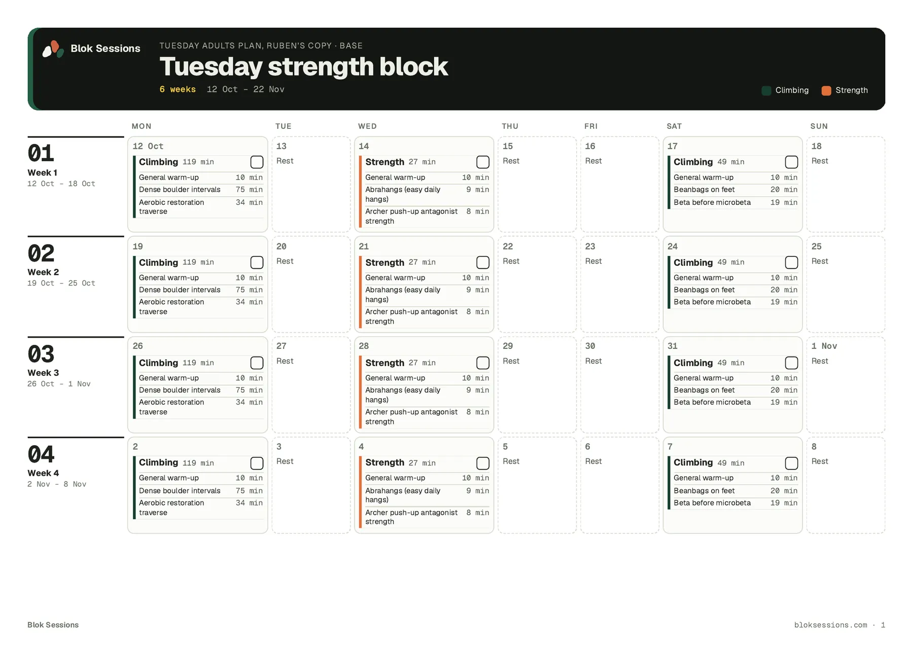 A printed plan: Tuesday strength block, six weeks as a calendar, each Climbing and Strength day with its exercises, minutes and a tick box.