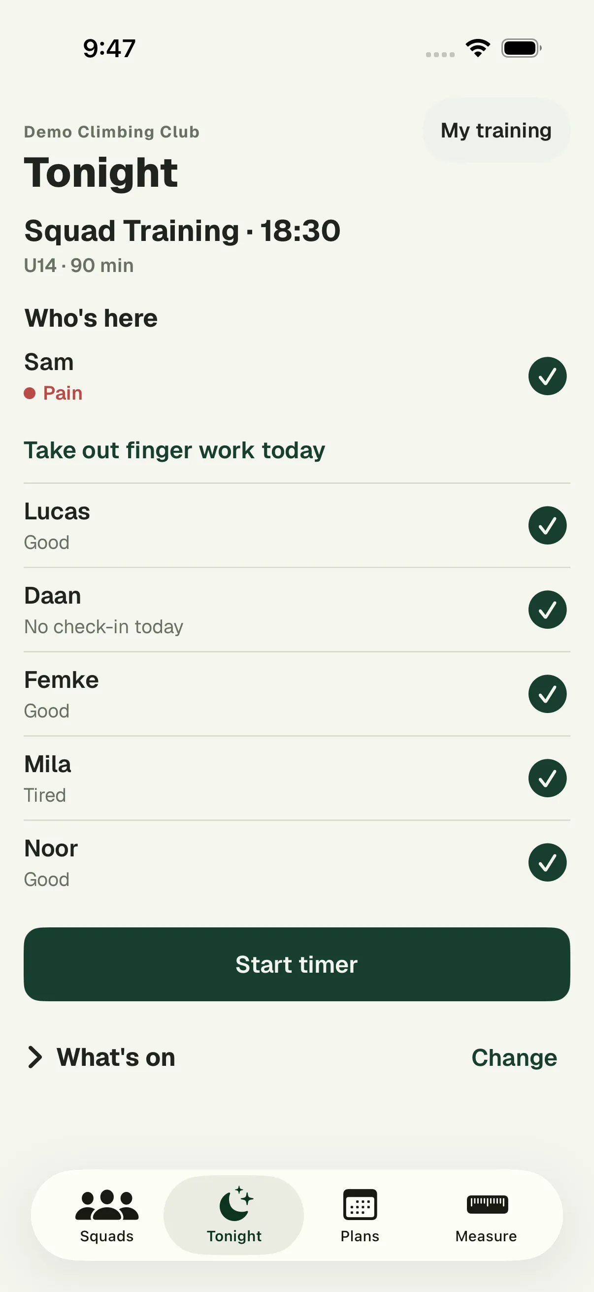 The coach view’s Tonight tab: who’s here, Start timer and what’s on.