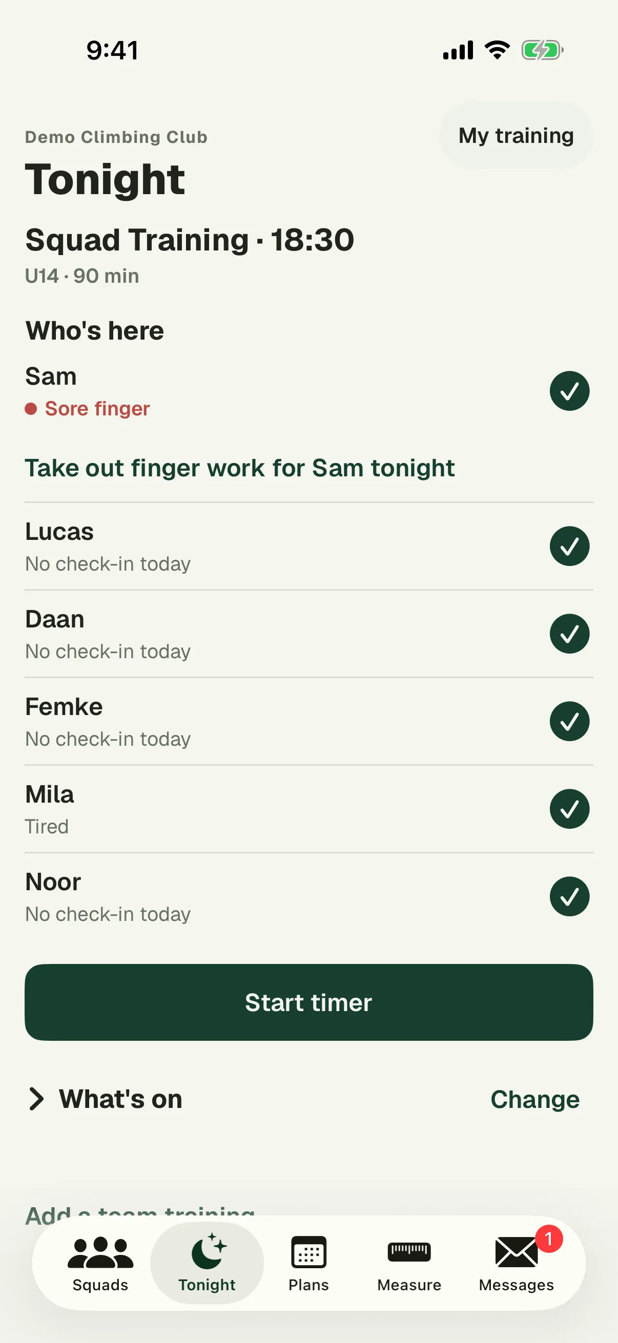 The coach view’s Tonight tab: who’s here, Start timer and what’s on.