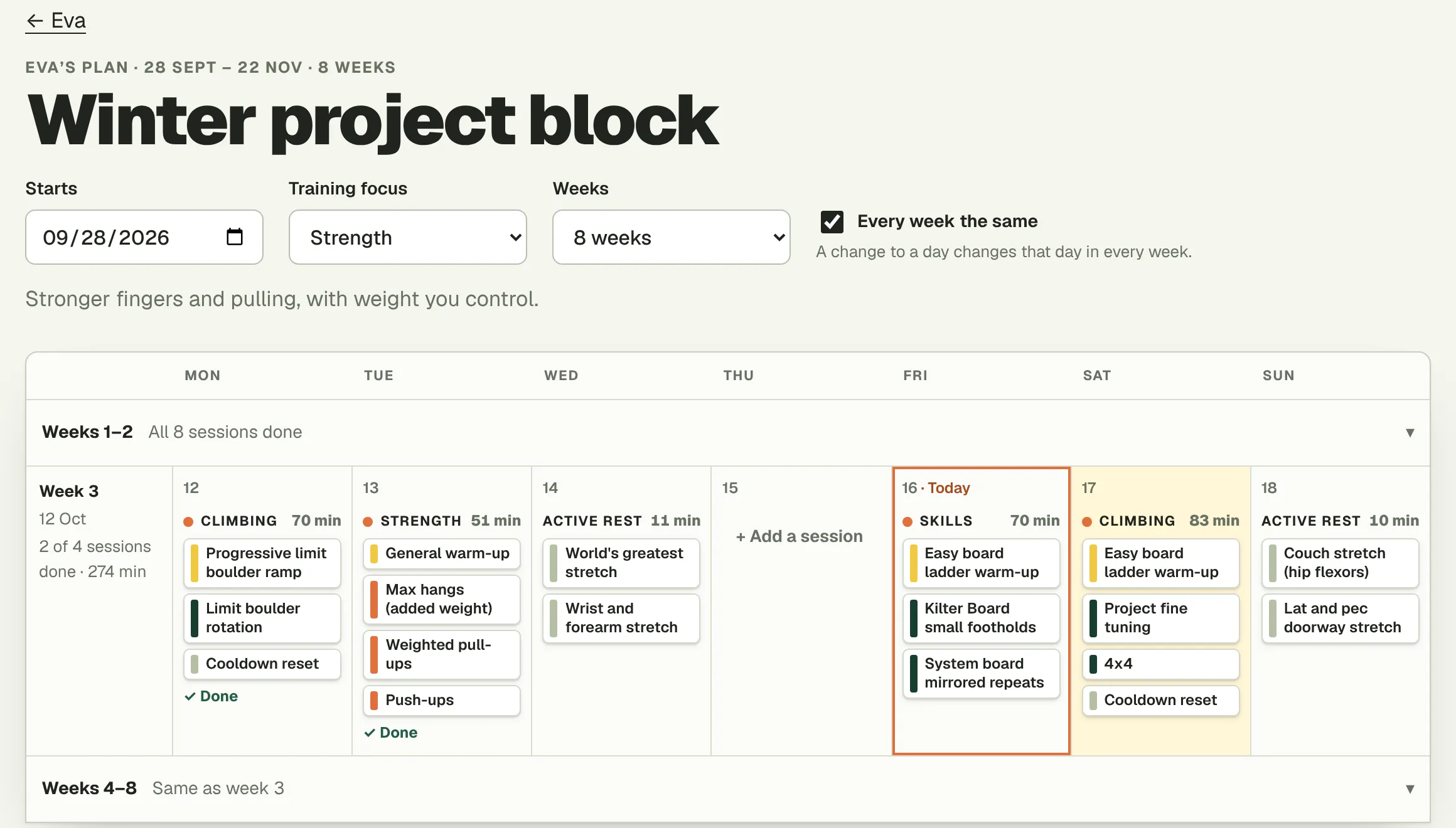 Eva’s plan in the coach area: the Winter project block, eight weeks of strength, with this week’s sessions day by day and the two she’s done.