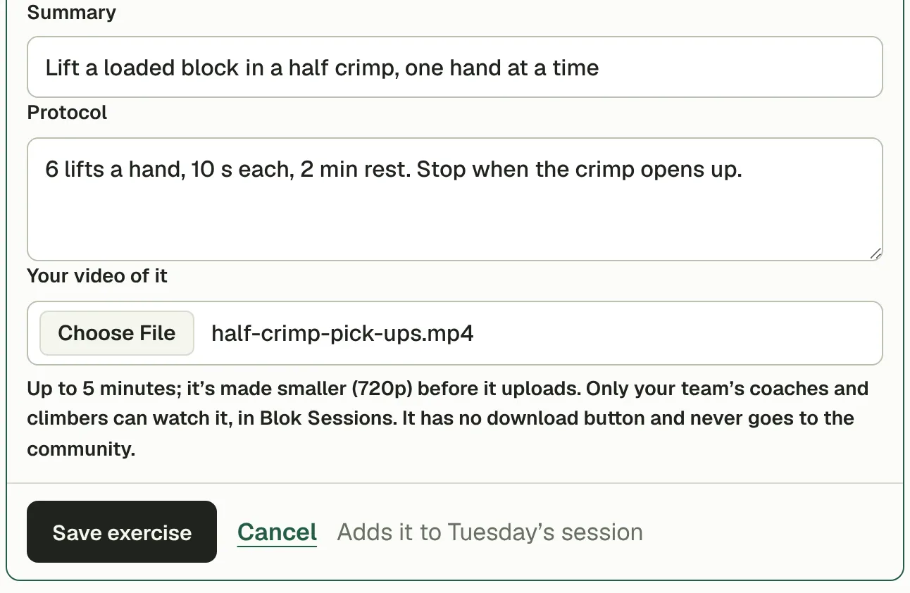 A coach’s own exercise, half-crimp pick-ups, with its protocol and a video added under Your video of it.
