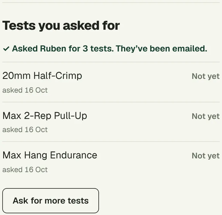Ruben’s page after the ask: three tests, emailed to him, none logged yet.