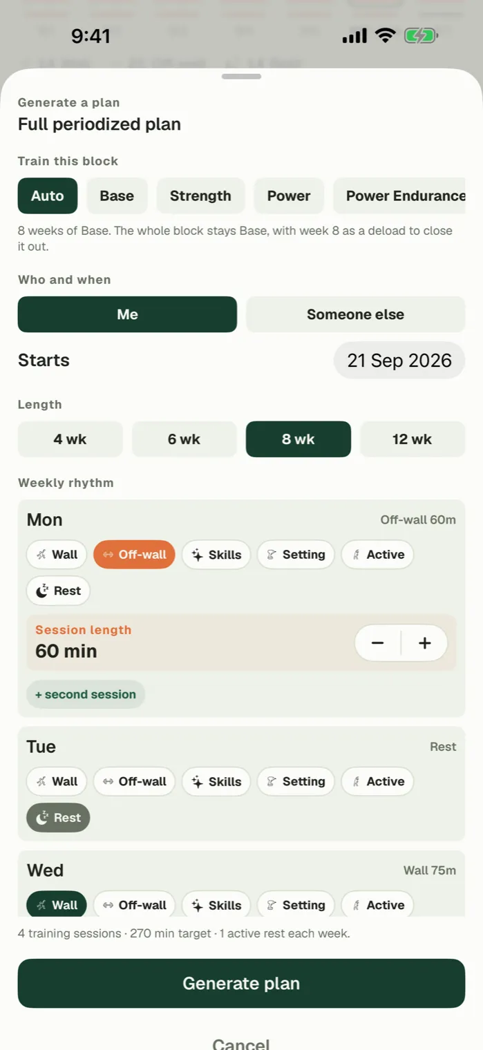 The Generate a plan screen: training period, start date, length in weeks, and a weekly rhythm with a session length for each day.