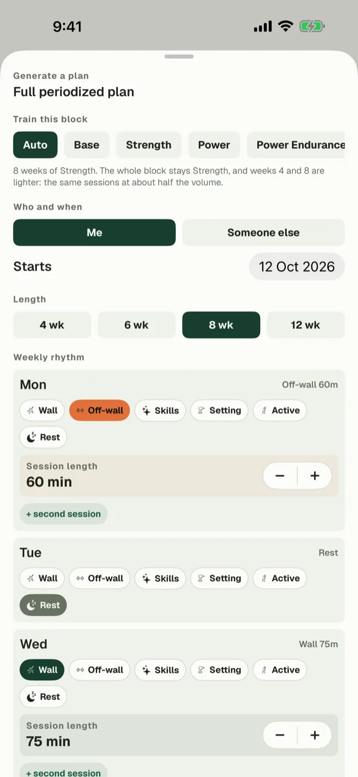 The plan generator in Blok Sessions: a Base block of 8 weeks starting 5 October, with each weekday set to wall, off-wall, skills, active or rest and its session length.