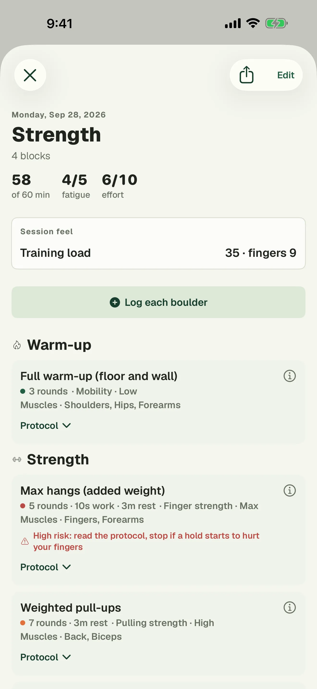 A logged session in Blok Sessions: how long it took, fatigue and effort, its training load, then every exercise with its rounds, rest and injury risk.
