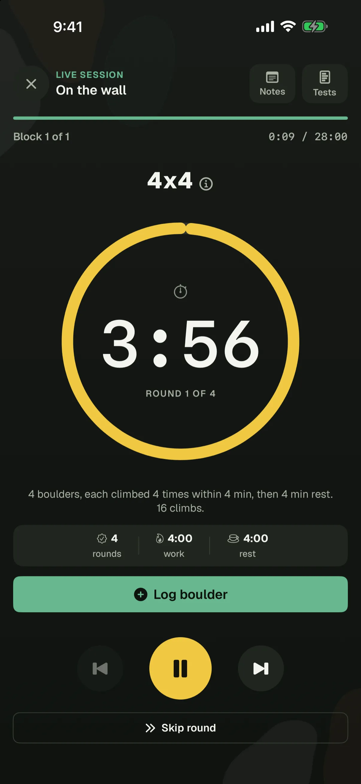 A guided 4x4 session in the app: a yellow ring counting 3:56 in round 1 of 4, a Log boulder button and a pause button.