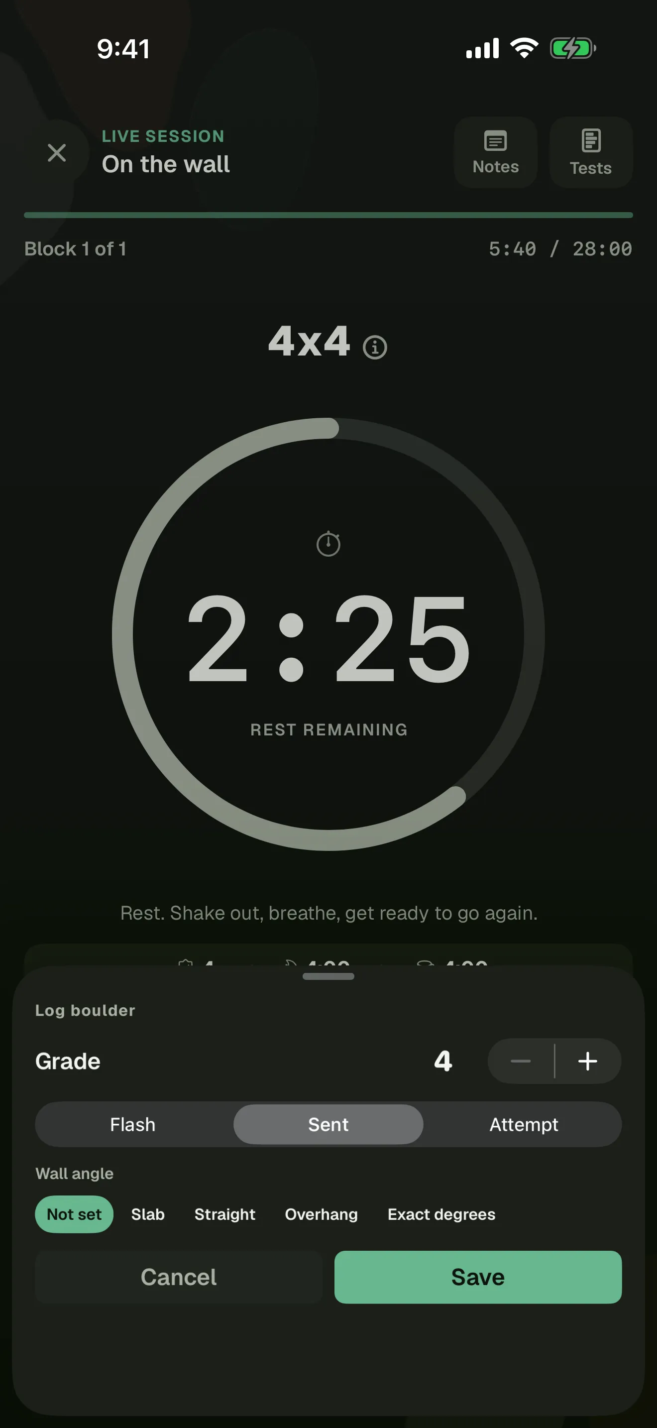 Logging a boulder from the guided timer in Blok Sessions: the grade, flash, sent or attempt, and the wall angle.