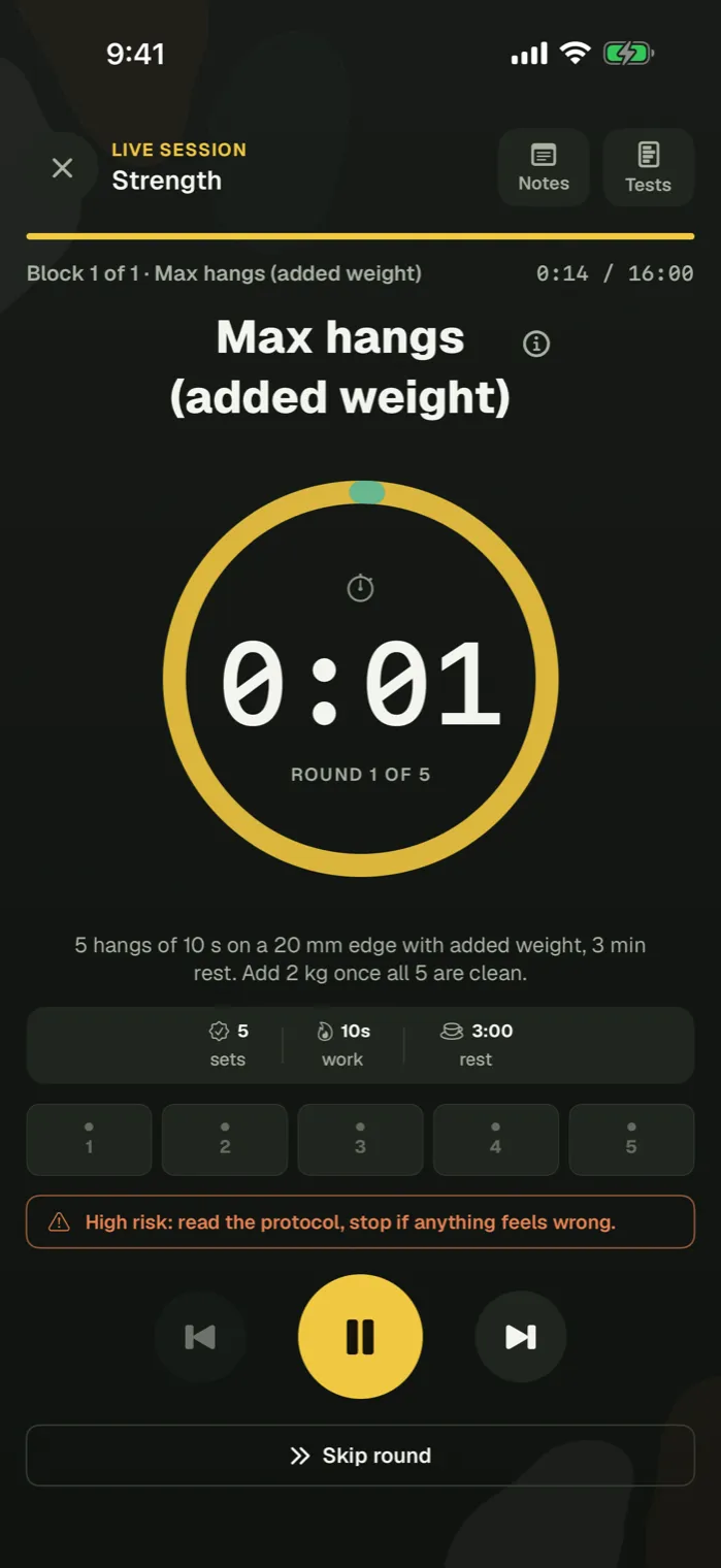 A guided session in the app: max hangs with added weight, a yellow ring counting down, round 1 of 5, and the sets, work and rest below it.