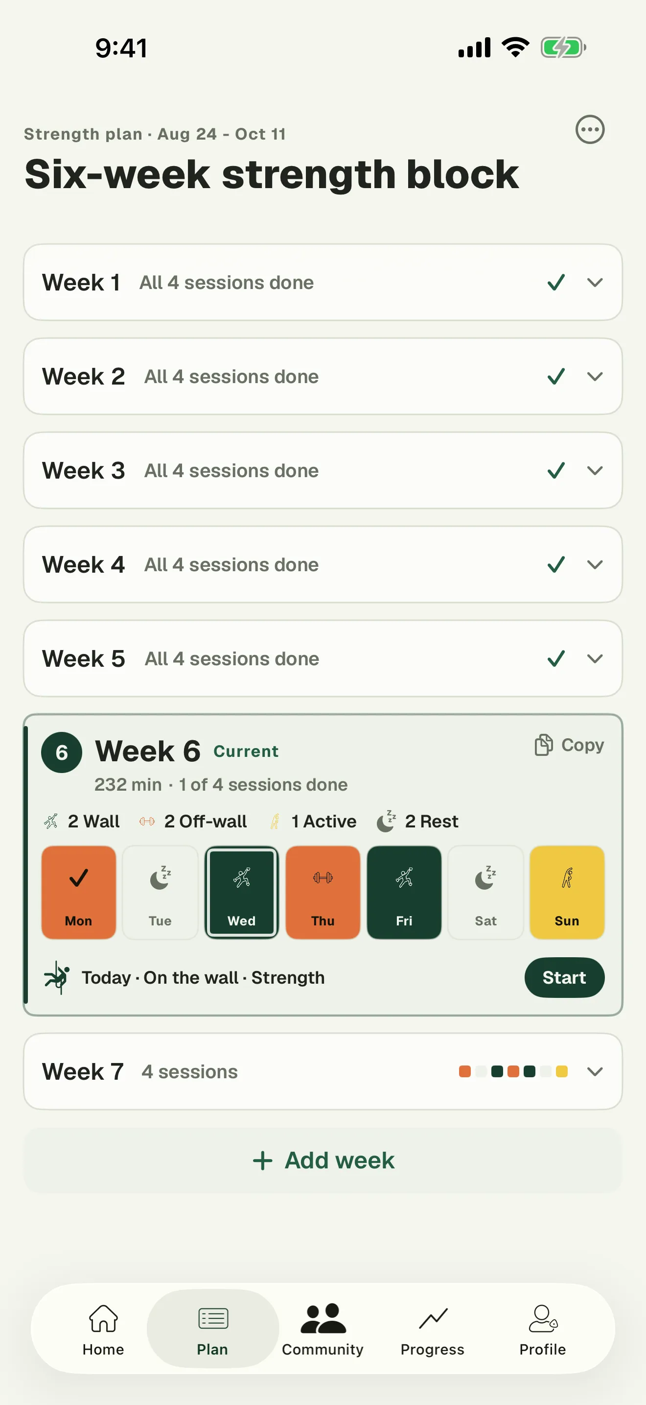 The Plan tab in Blok Sessions: a six-week strength block with weeks 1 to 5 done, and week 6 showing each day's type and a Start button for today's session on the wall.