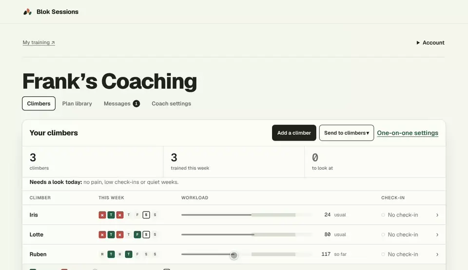 Adding a climber: their name, then Add them, then their own page