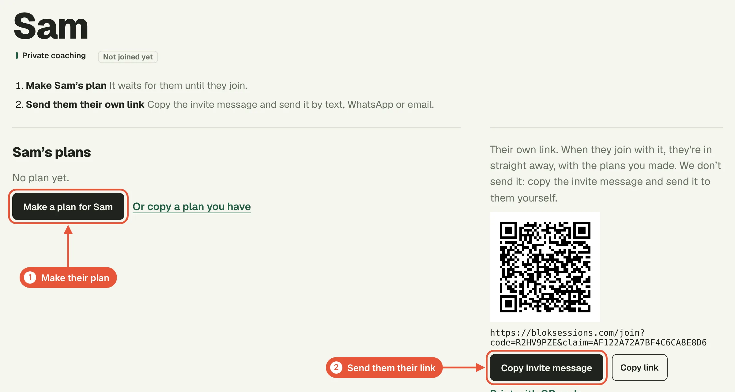 A climber's page before they join: make their plan, then copy their invite message