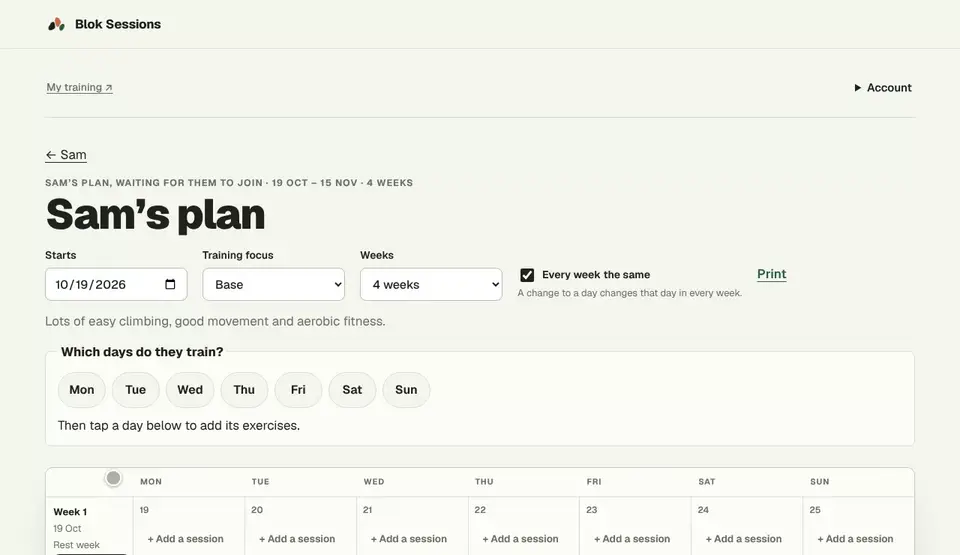 Making a plan: pick the training days, open Monday and add exercises