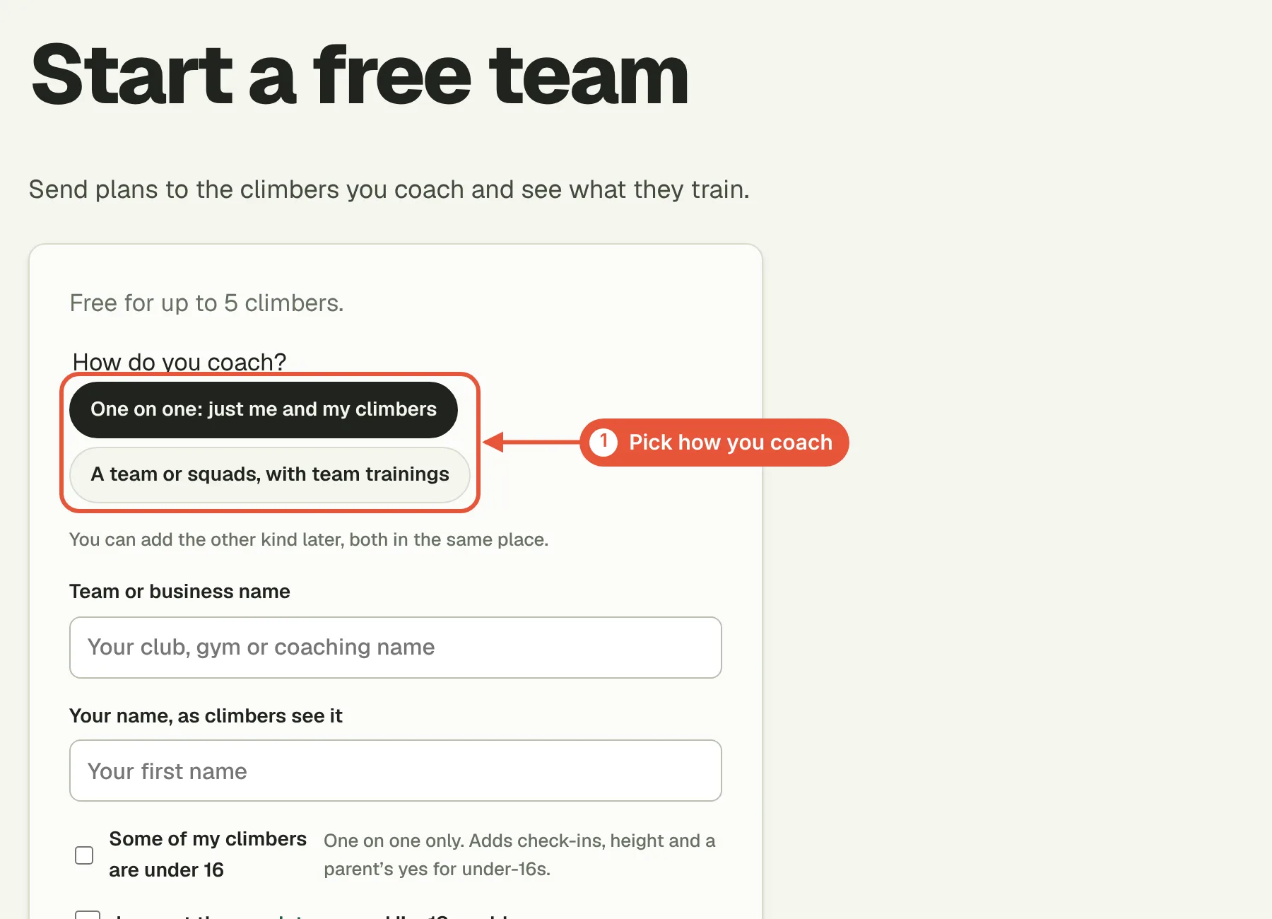Start a free team: choose a team with squads, or one on one
