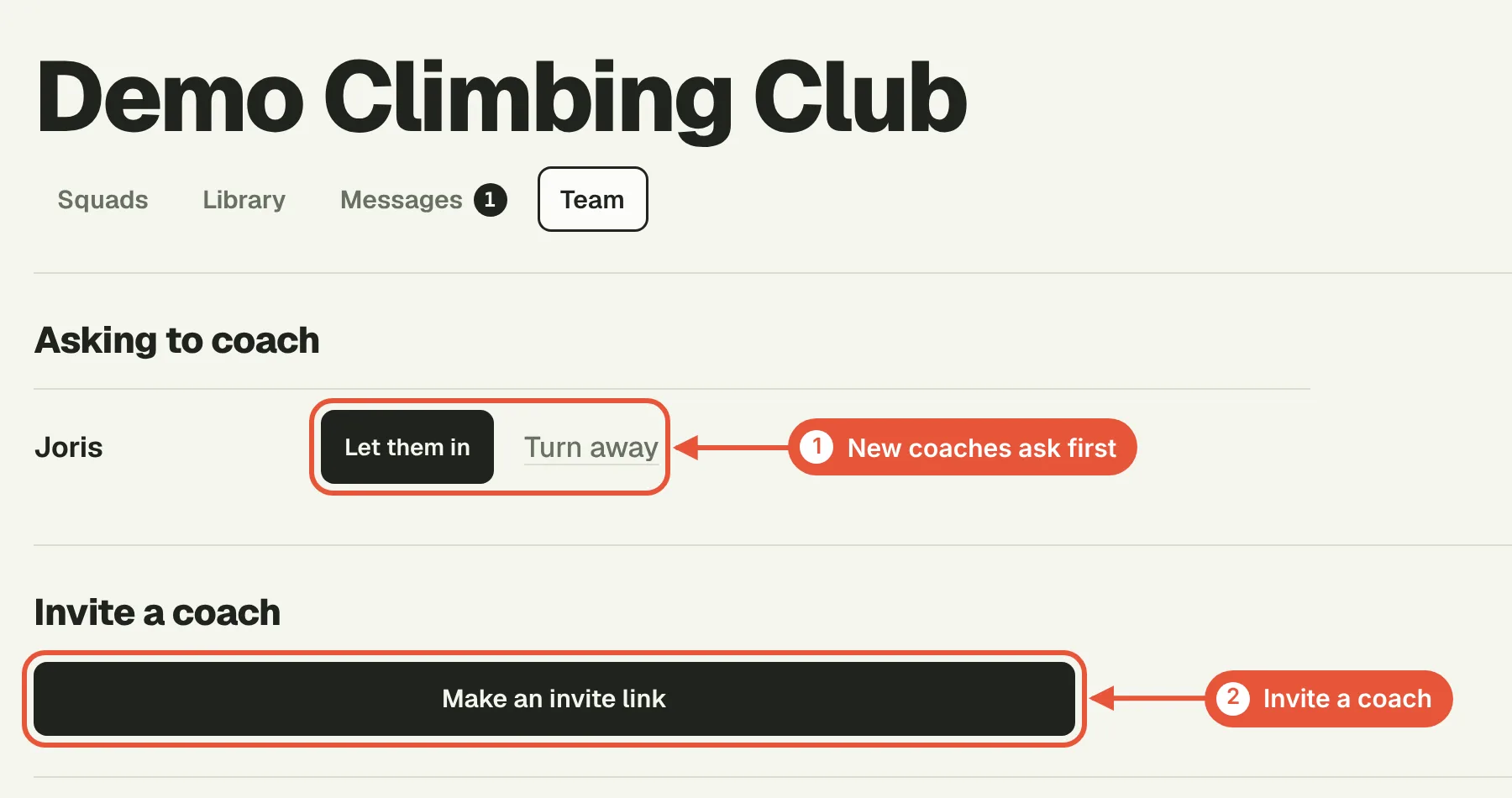 Team settings: let a coach in, or make an invite link