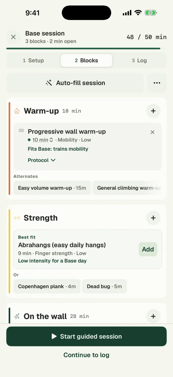 The session builder in Blok Sessions, with exercises picked for the warm-up, strength work, climbing and mobility.
