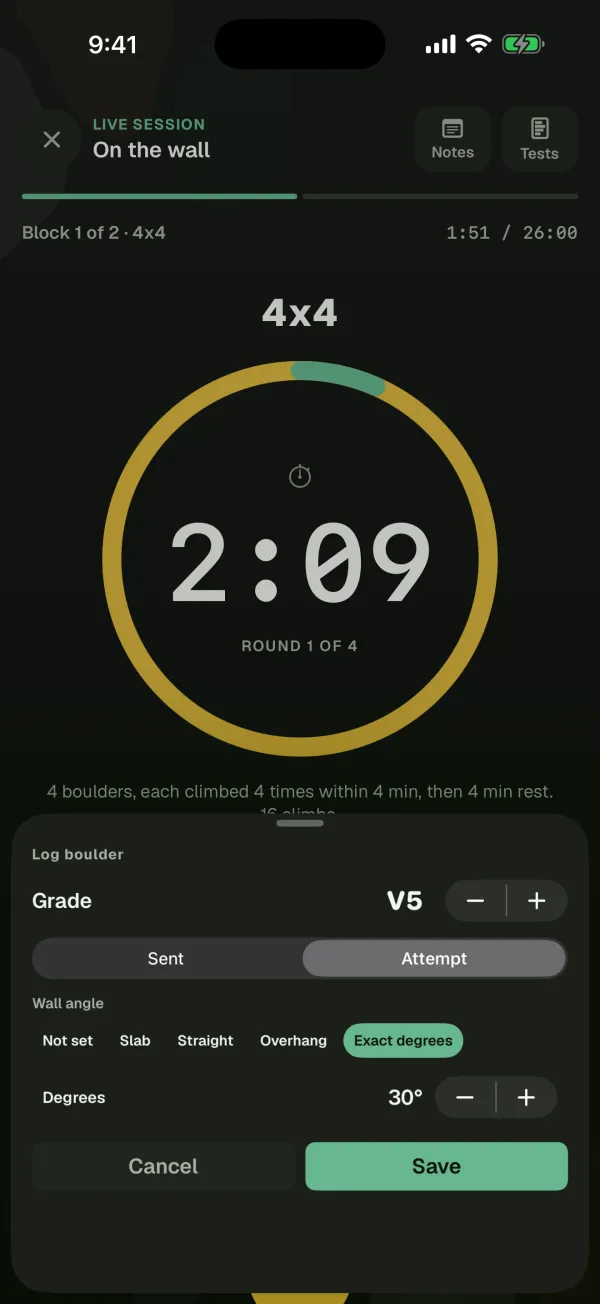 Logging a boulder from the guided timer in Blok Sessions, with the grade, sent or attempt and the wall angle.