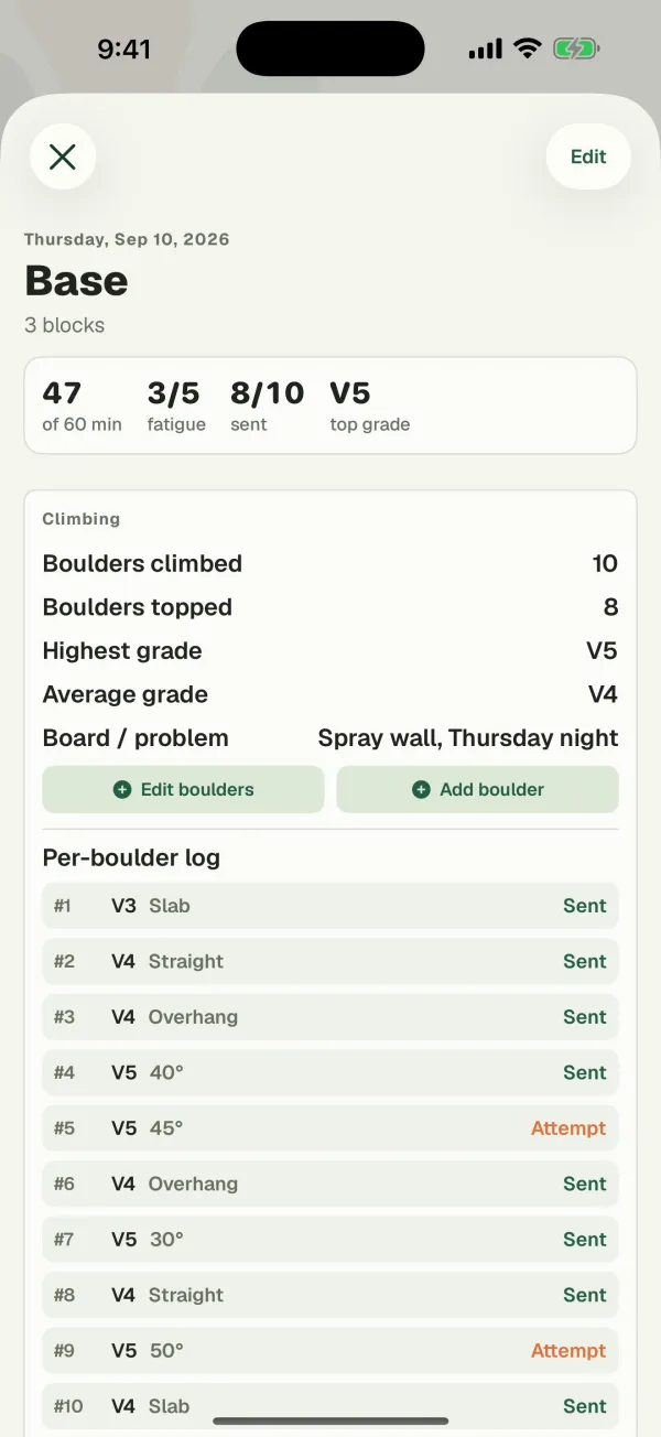 The Blok Sessions logbook listing past sessions with their exercises, boulders and top grade.